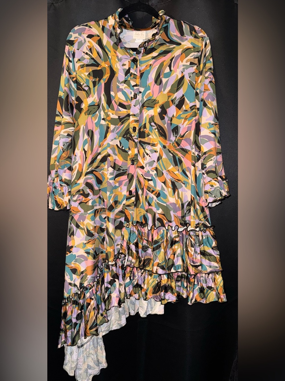 Zadie B’s asymmetrical Ruffle Hem Shirt Dress